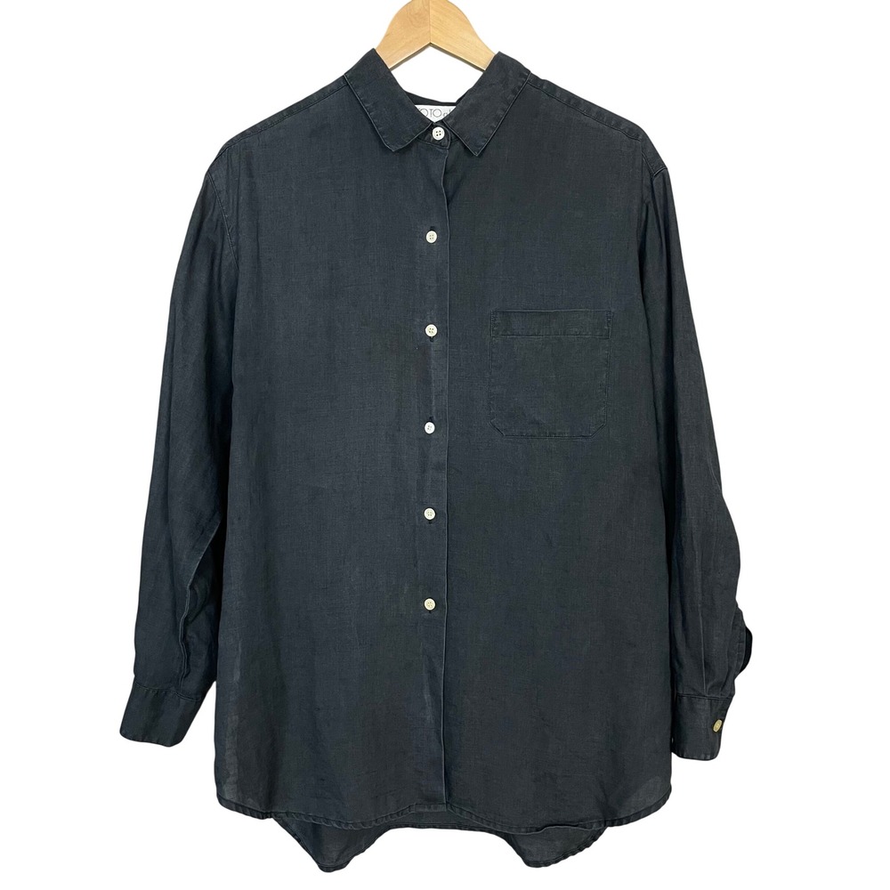 TotonKo Linen Shirt Women Large Charcoal 100% Linen Long Sleeve Button Down